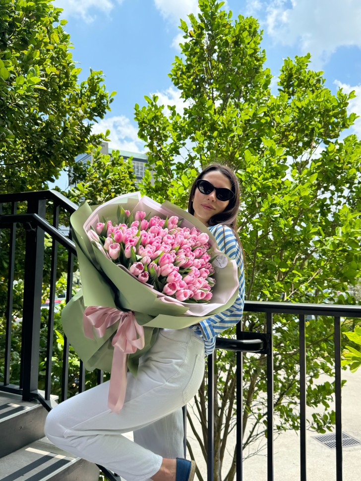 150 Pink Tulips Hand Tied Bouquet