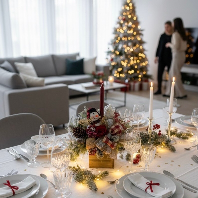 Christmas arrangement with preserved flowers, Snowman and bird