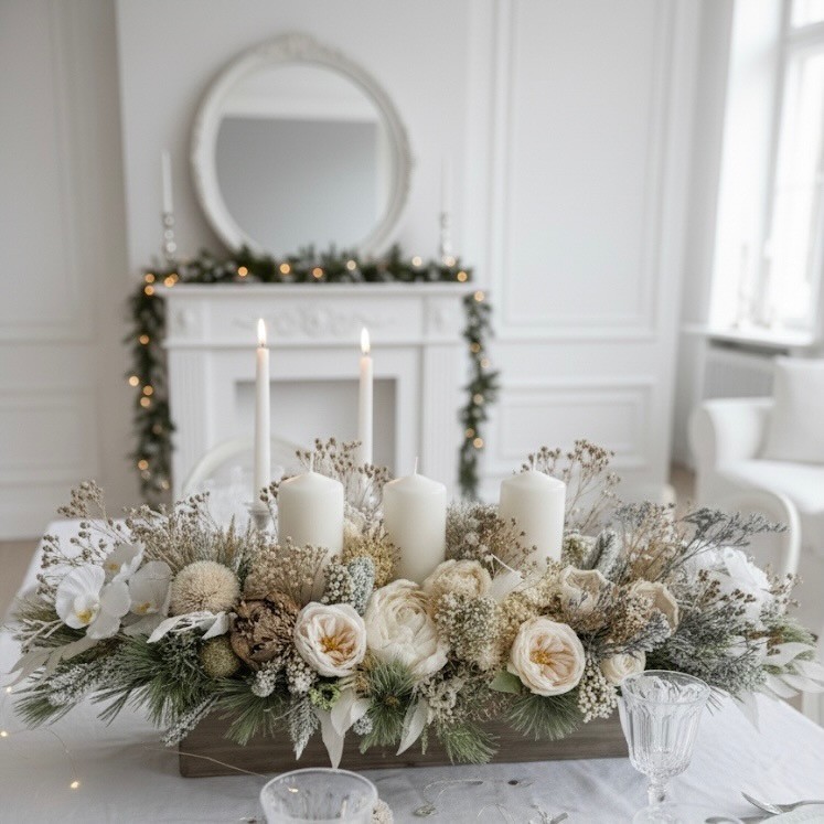 Christmas candles arrangement with sola wood flowers
