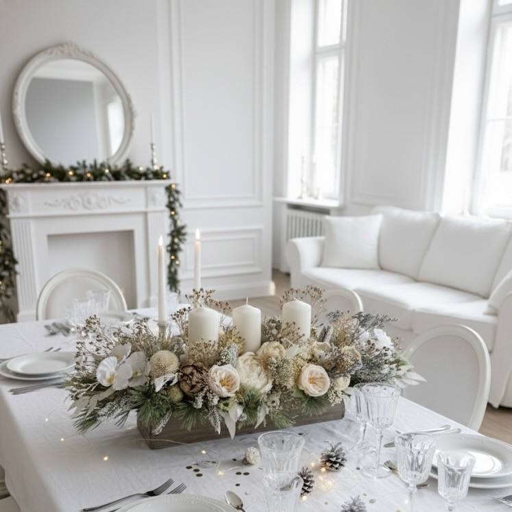 Christmas candles arrangement with sola wood flowers