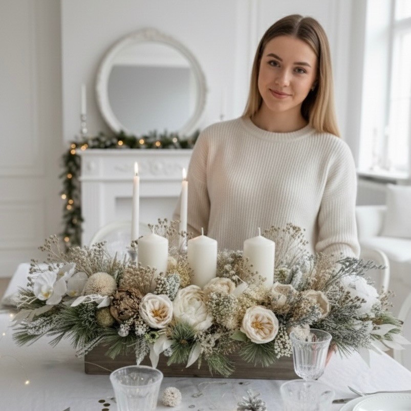 Christmas candles arrangement with sola wood flowers