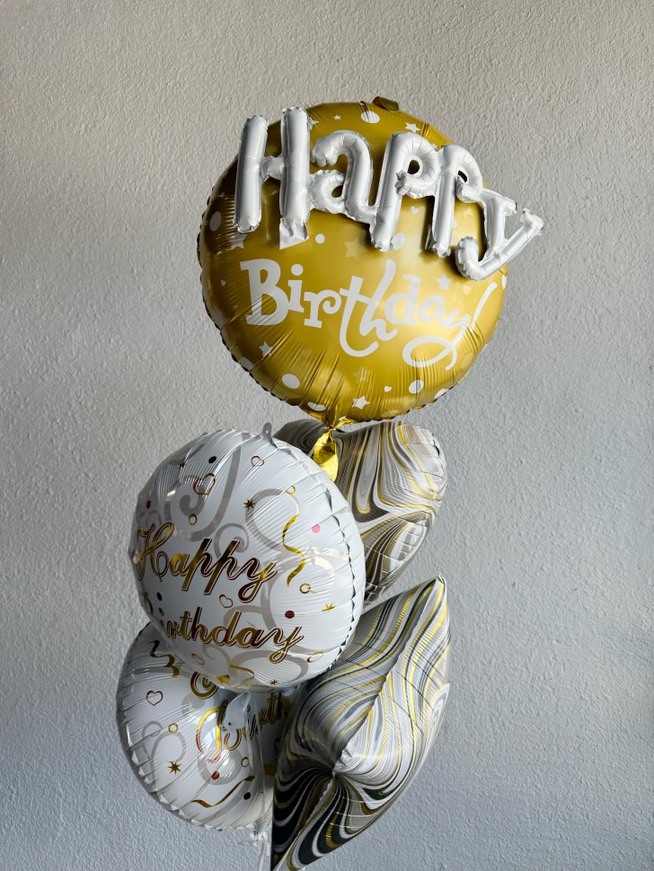 Happy Birthday White and Gold Balloon Bouquet