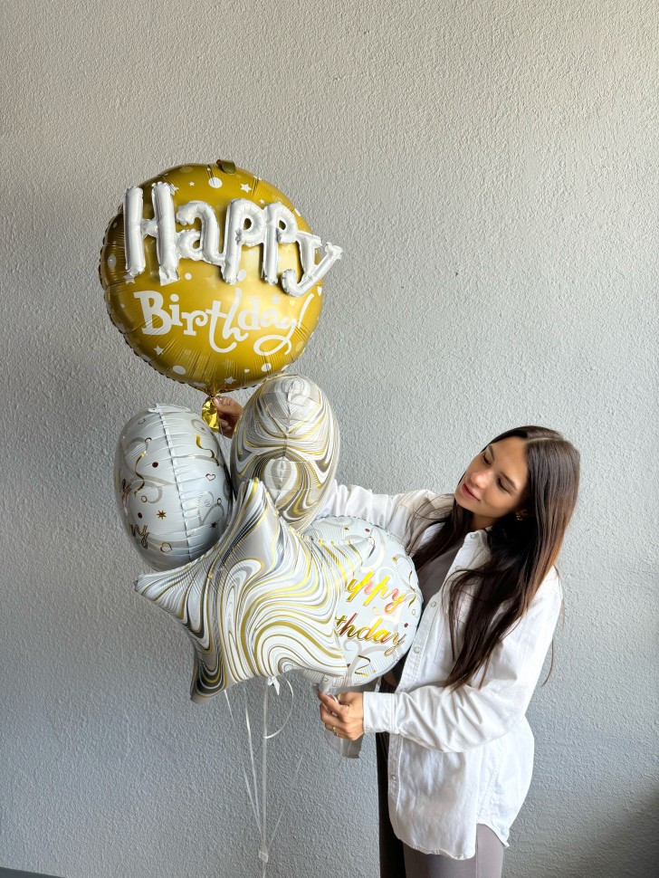 Happy Birthday White and Gold Balloon Bouquet