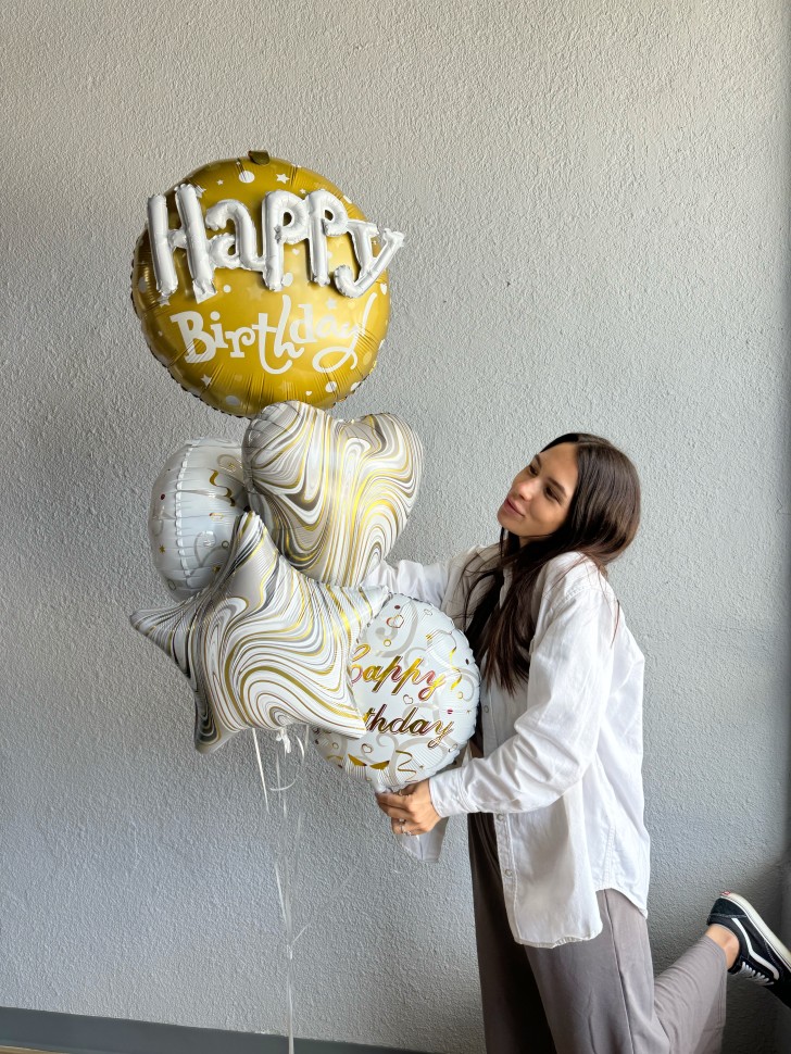 Happy Birthday White and Gold Balloon Bouquet