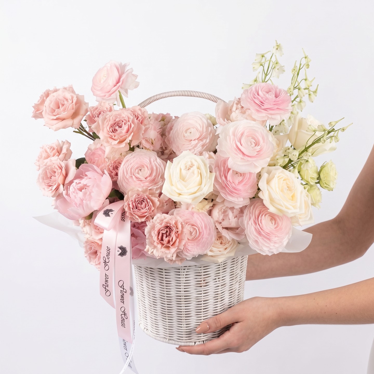 Peony Garden Basket – Peonies, Ranunculus, Garden Roses & Delphinium