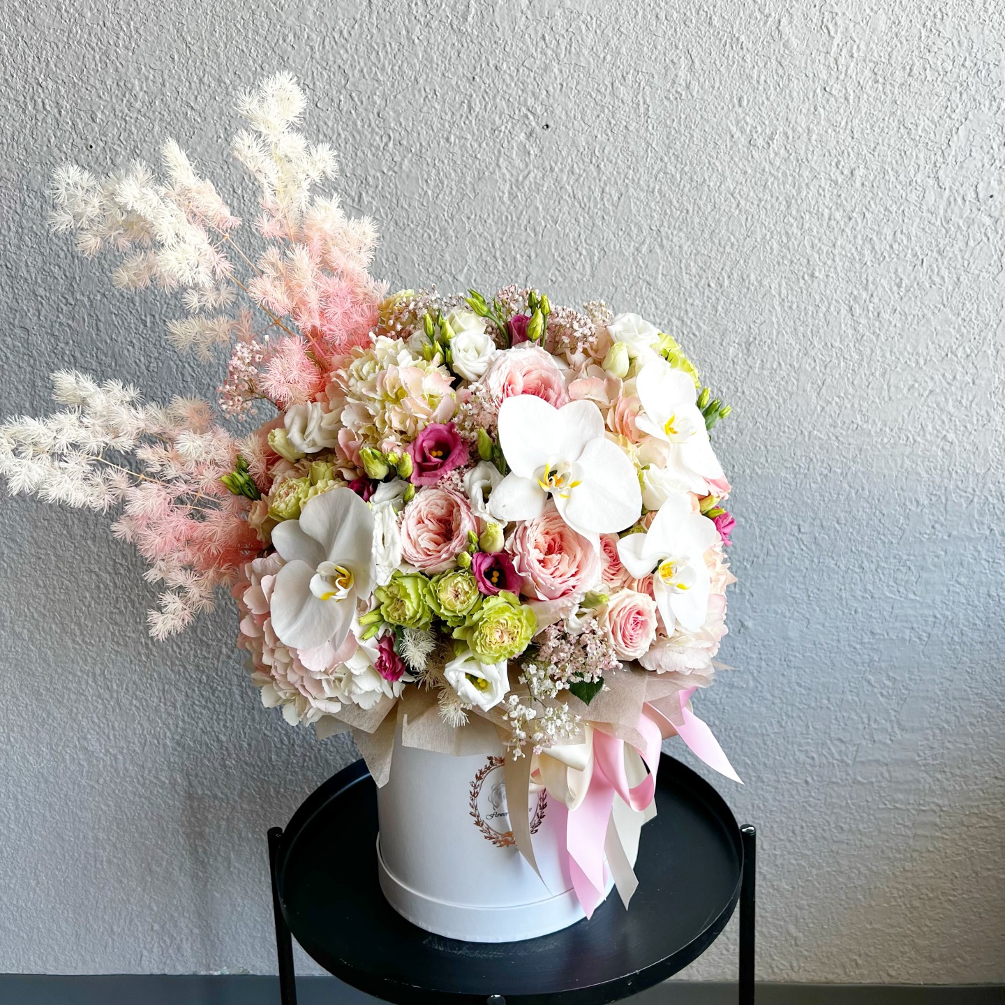 Amara Flower Box (Lisianthus, Phalaenopsis Orchids, Spray Roses, Hydrangeas, Garden Roses, Gypsophila) Amara Flower Box (Lisianthus, Phalaenopsis Orchids, Spray Roses, Hydrangeas, Garden Roses, Gypsophila)