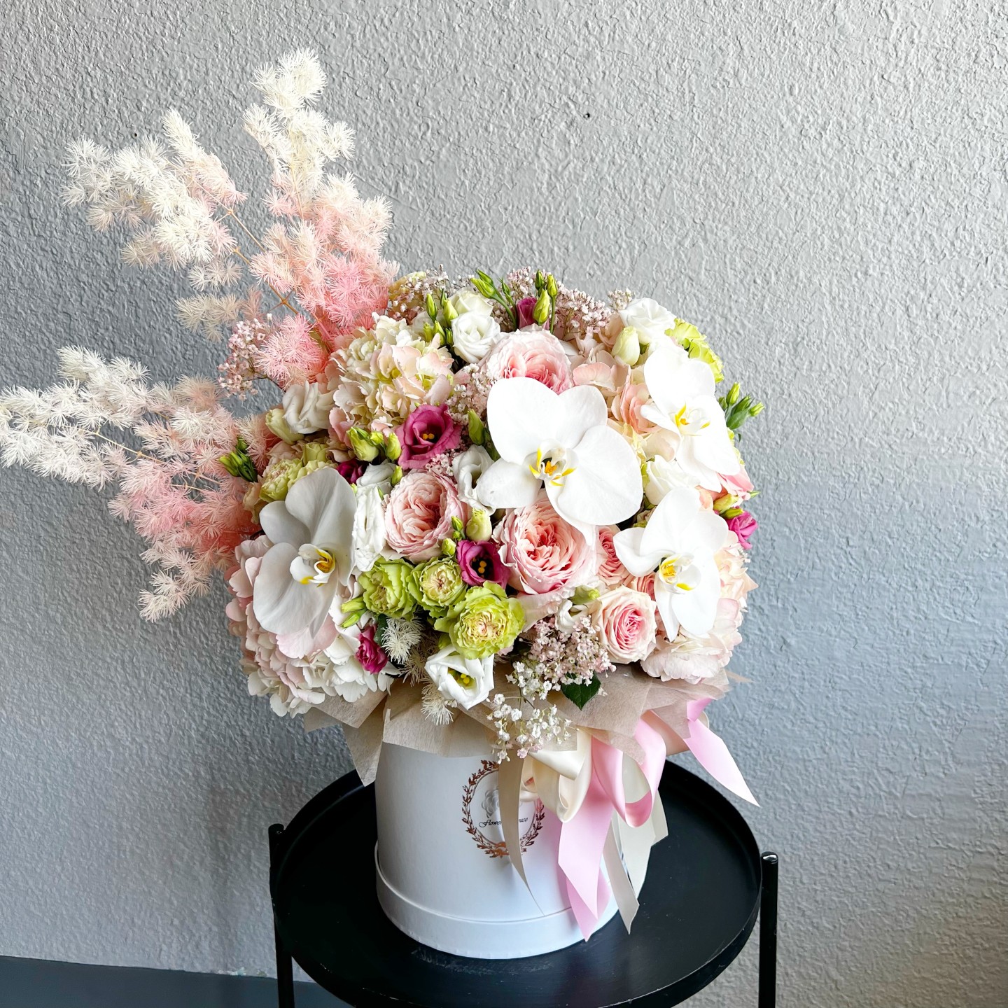 Amara Flower Box (Lisianthus, Phalaenopsis Orchids, Spray Roses, Hydrangeas, Garden Roses, Gypsophila) Amara Flower Box (Lisianthus, Phalaenopsis Orchids, Spray Roses, Hydrangeas, Garden Roses, Gypsophila)