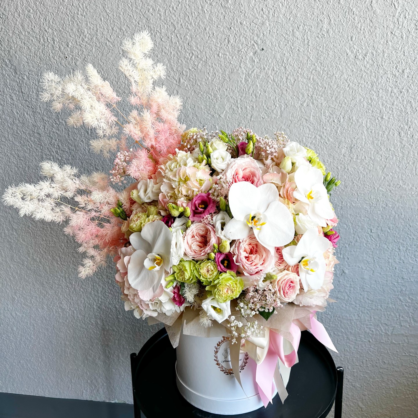 Amara Flower Box (Lisianthus, Phalaenopsis Orchids, Spray Roses, Hydrangeas, Garden Roses, Gypsophila) Amara Flower Box (Lisianthus, Phalaenopsis Orchids, Spray Roses, Hydrangeas, Garden Roses, Gypsophila)