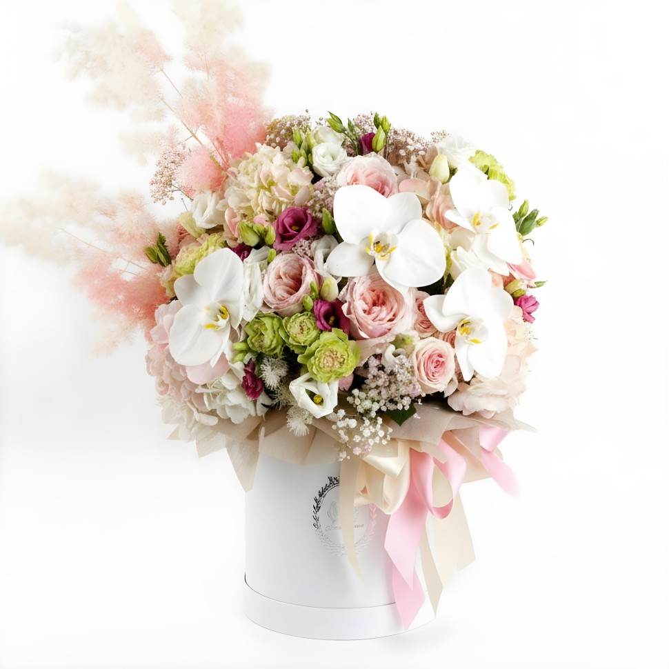 Amara Flower Box (Lisianthus, Phalaenopsis Orchids, Spray Roses,