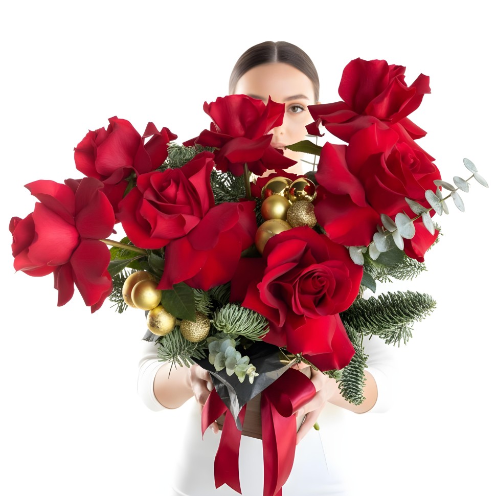 Christmas Red Fresh Flower Box-Medium (Baby Blue Eucalyptus)