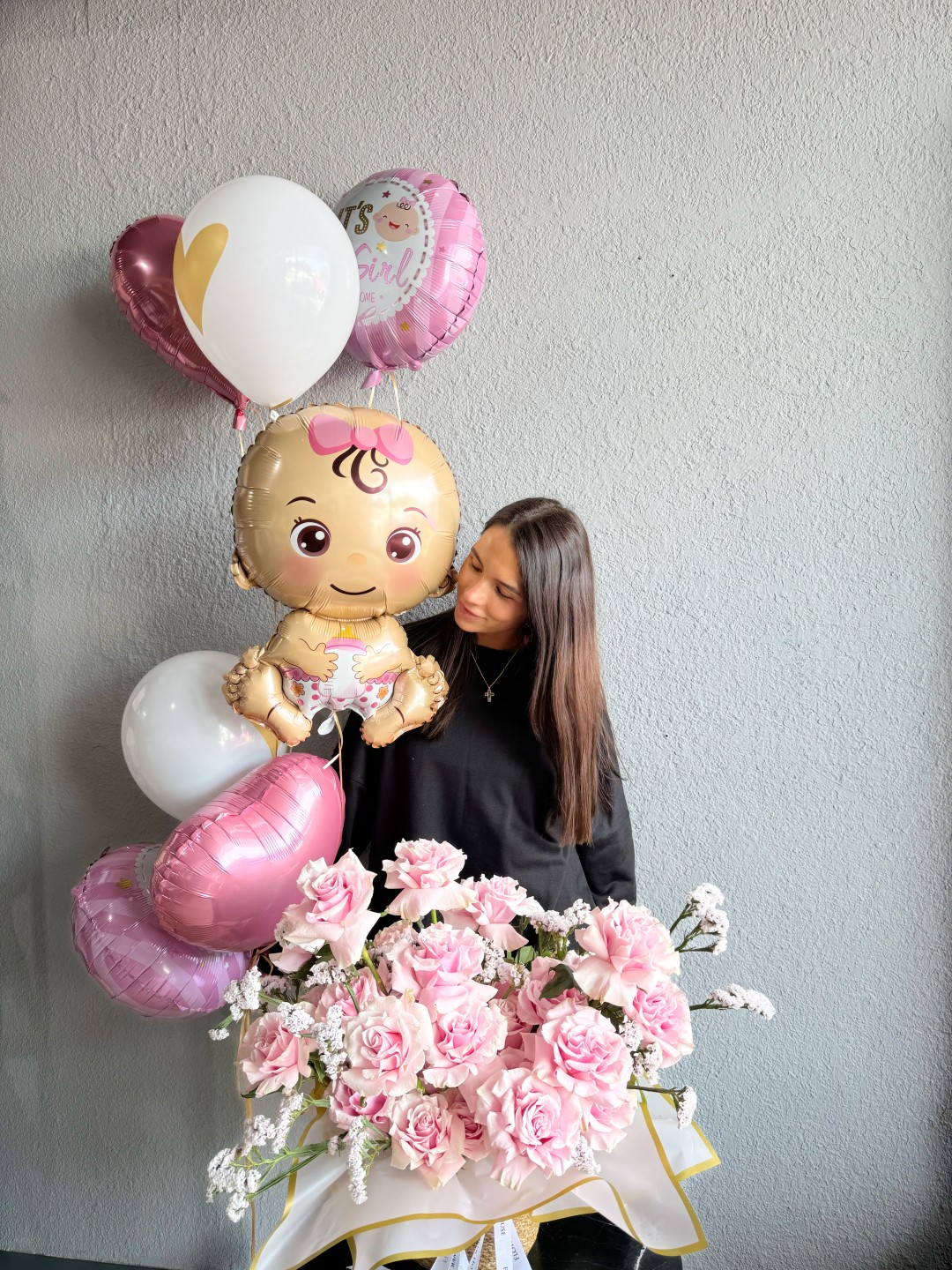 New Baby Girl Flower Basket and Balloons New Baby Girl Flower Basket and Balloons