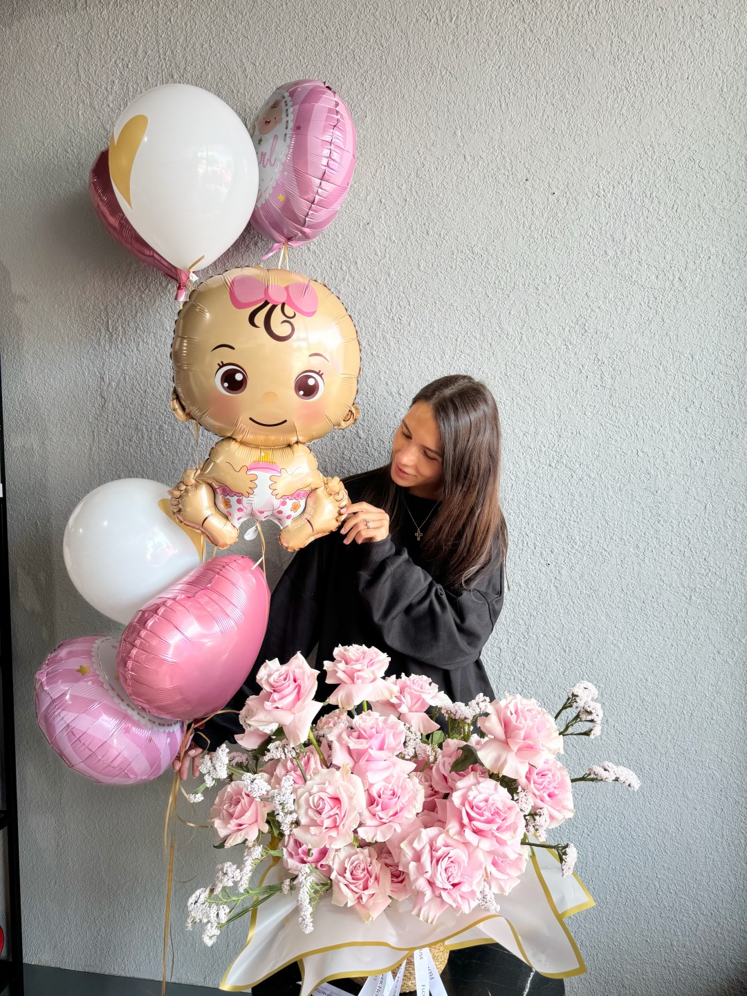 New Baby Girl Flower Basket and Balloons New Baby Girl Flower Basket and Balloons