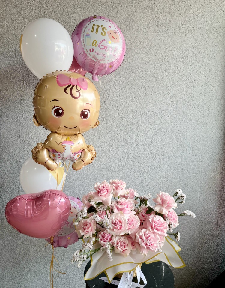 New Baby Girl Flower Basket and Balloons New Baby Girl Flower Basket and Balloons
