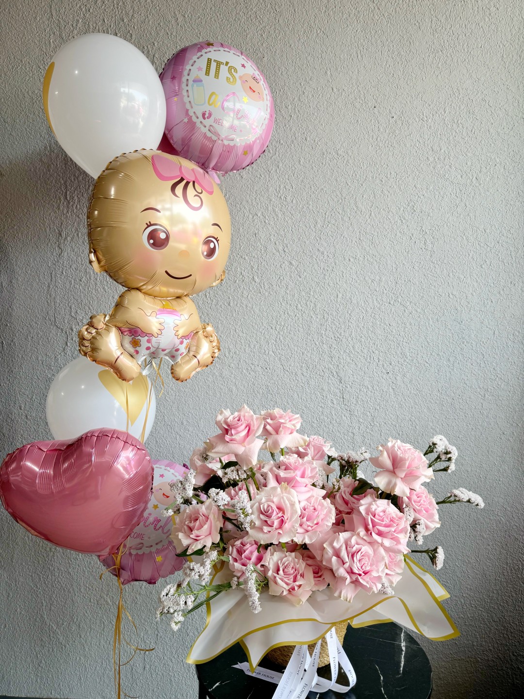 New Baby Girl Flower Basket and Balloons New Baby Girl Flower Basket and Balloons