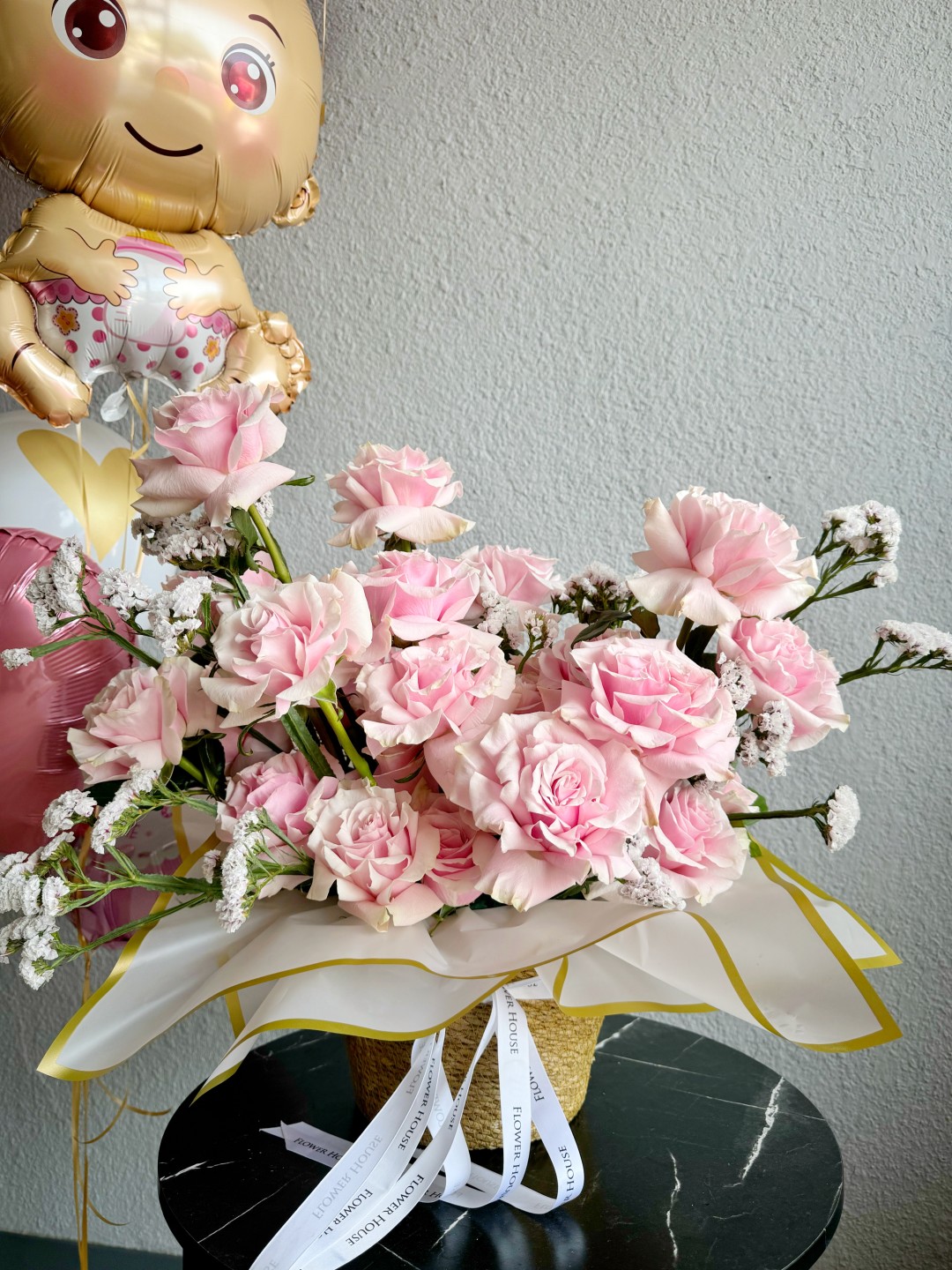 New Baby Girl Flower Basket and Balloons New Baby Girl Flower Basket and Balloons