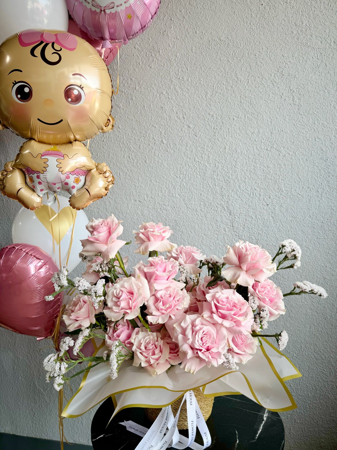 New Baby Girl Flower Basket and Balloons New Baby Girl Flower Basket and Balloons