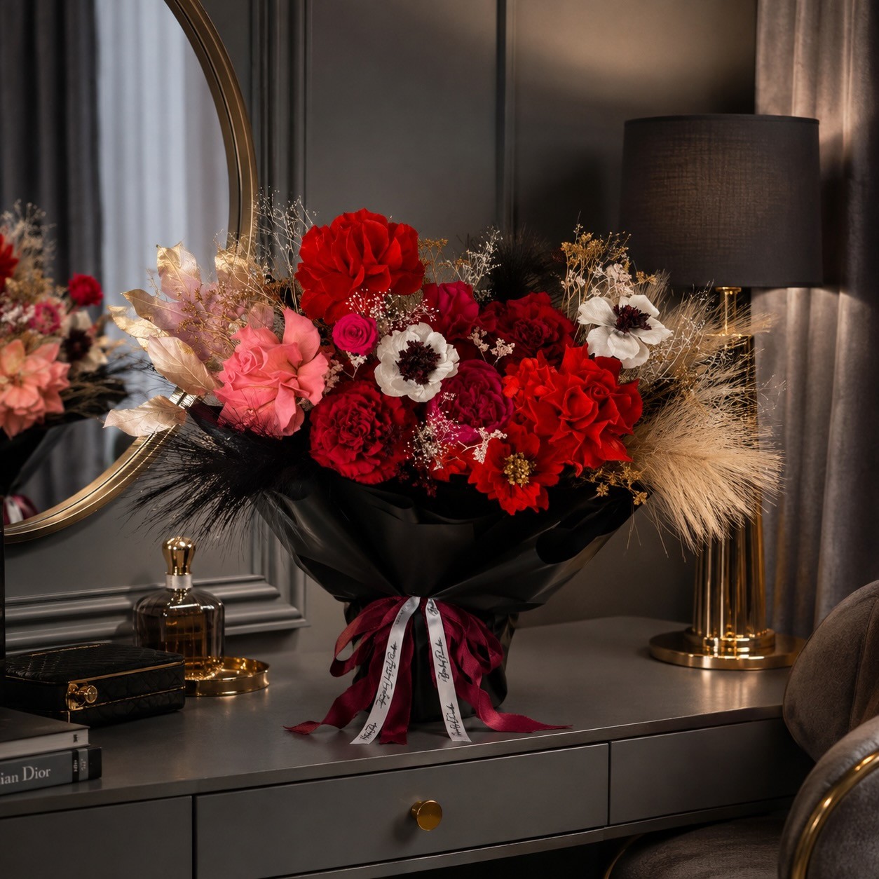 Preserved Roses, Peony and Anemones Bouquet in Black Wrap Preserved Roses, Peony and Anemones Bouquet in Black Wrap