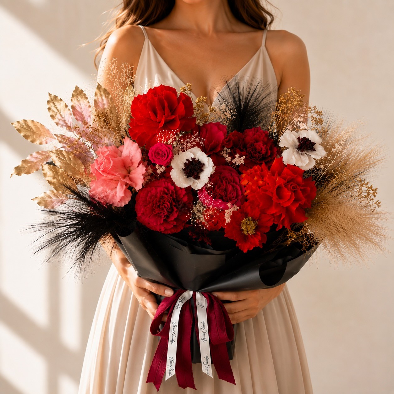 Preserved Roses, Peony and Anemones Bouquet in Black Wrap Preserved Roses, Peony and Anemones Bouquet in Black Wrap