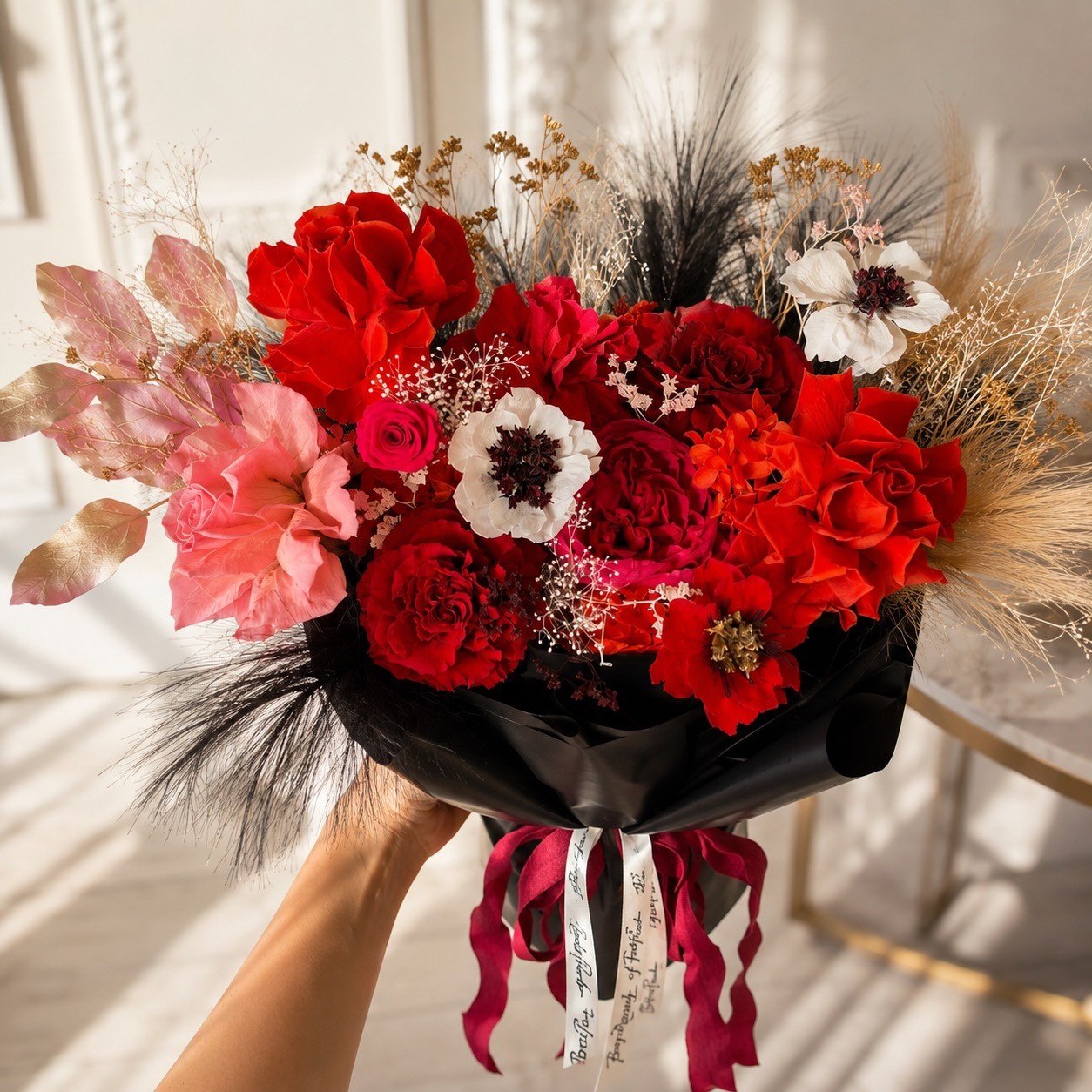 Preserved Roses, Peony and Anemones Bouquet in Black Wrap Preserved Roses, Peony and Anemones Bouquet in Black Wrap