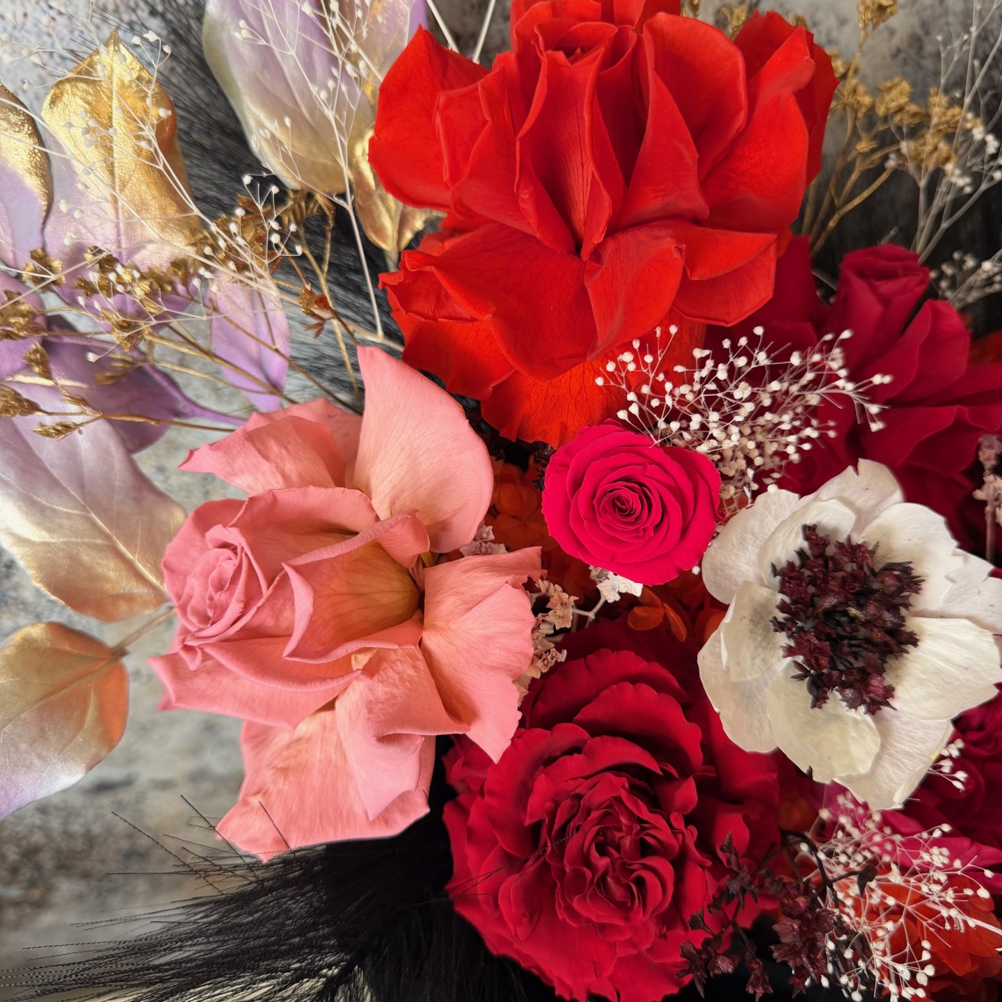 Preserved Roses, Peony and Anemones Bouquet in Black Wrap Preserved Roses, Peony and Anemones Bouquet in Black Wrap