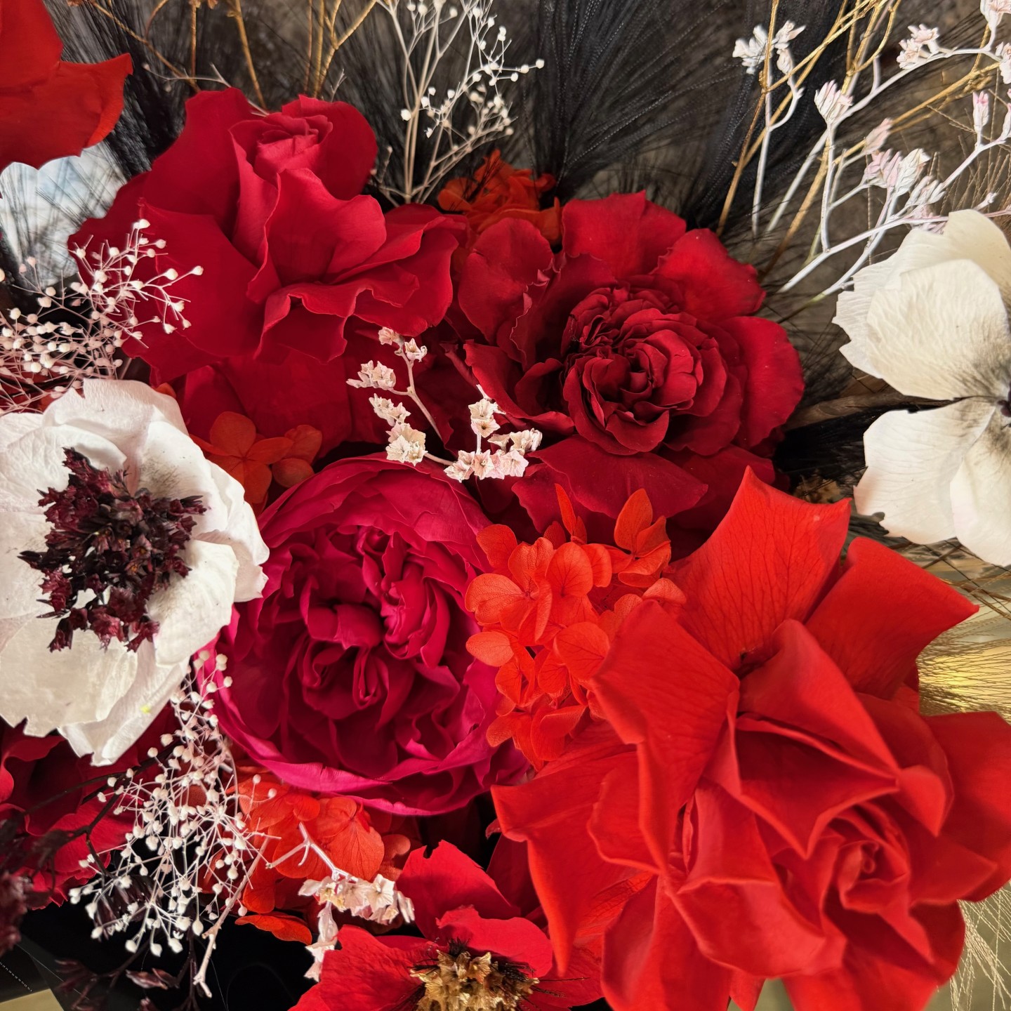 Preserved Roses, Peony and Anemones Bouquet in Black Wrap Preserved Roses, Peony and Anemones Bouquet in Black Wrap