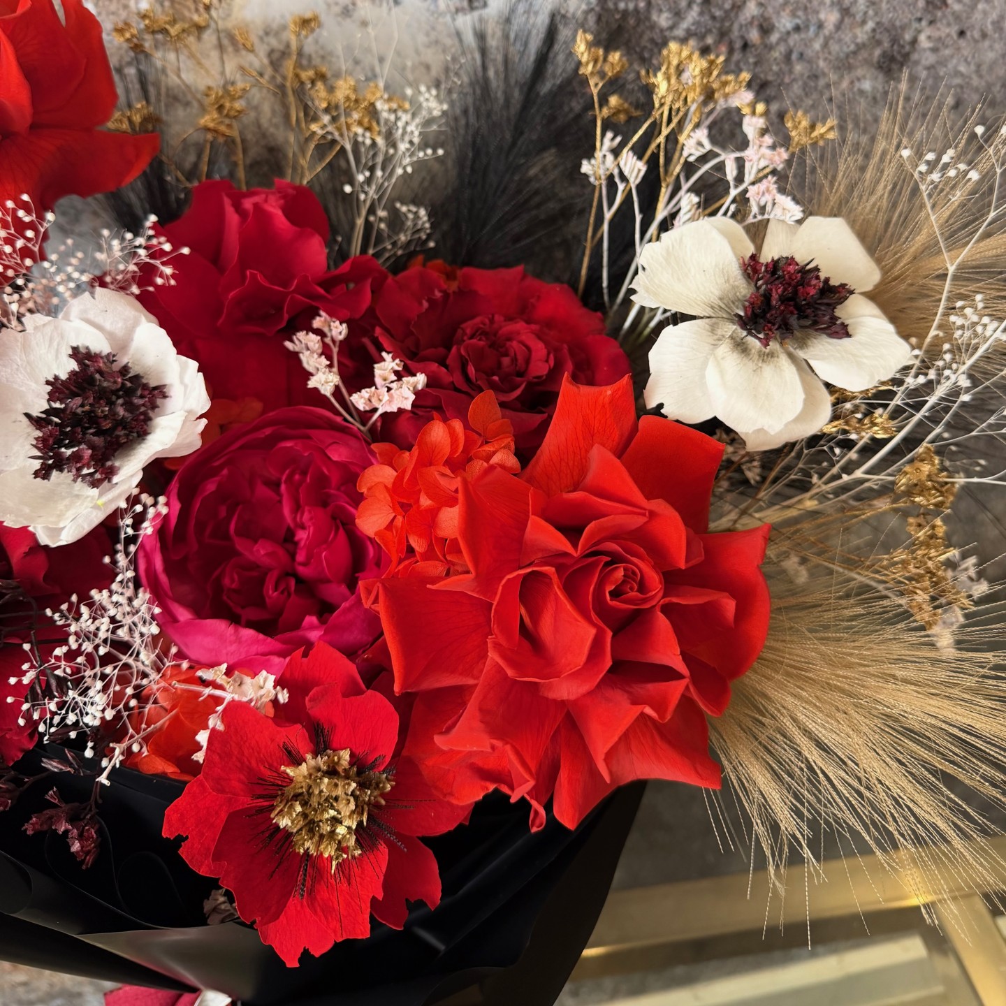 Preserved Roses, Peony and Anemones Bouquet in Black Wrap Preserved Roses, Peony and Anemones Bouquet in Black Wrap