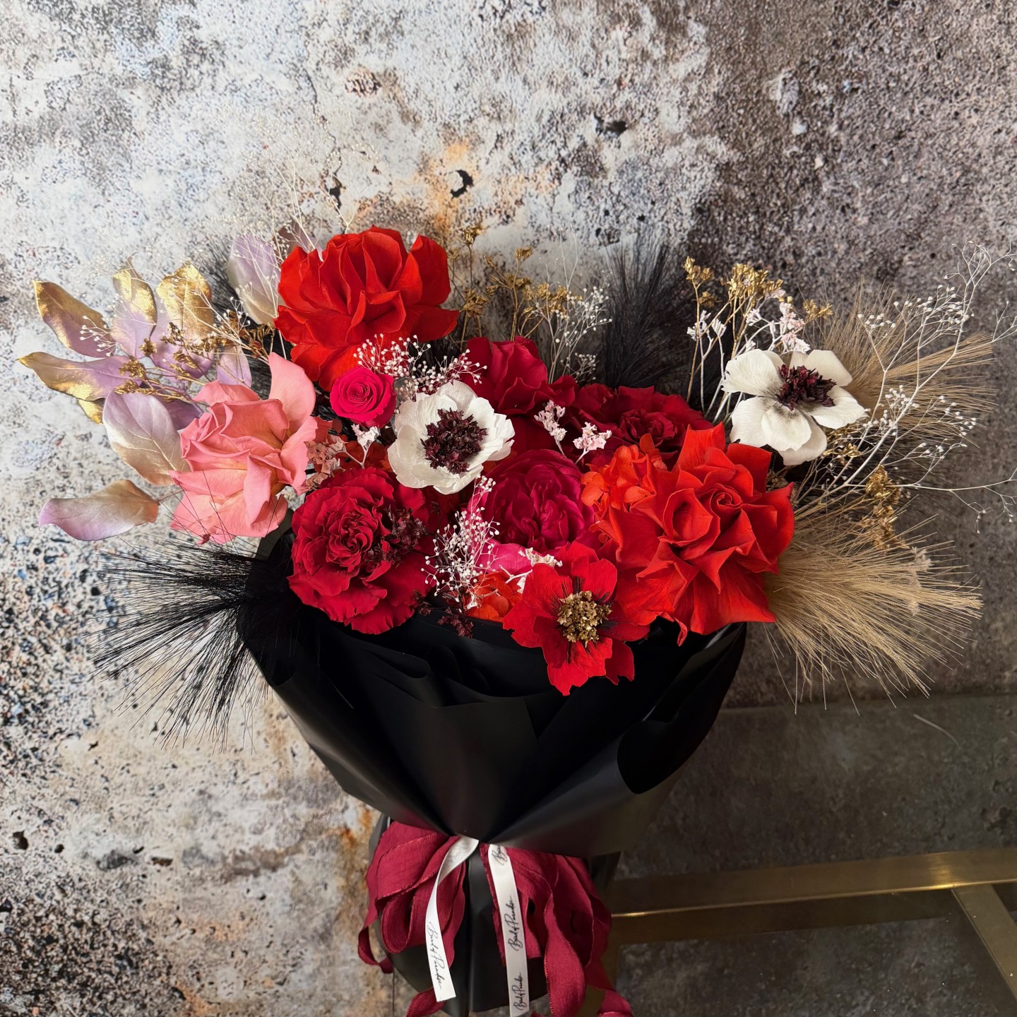 Preserved Roses, Peony and Anemones Bouquet in Black Wrap Preserved Roses, Peony and Anemones Bouquet in Black Wrap