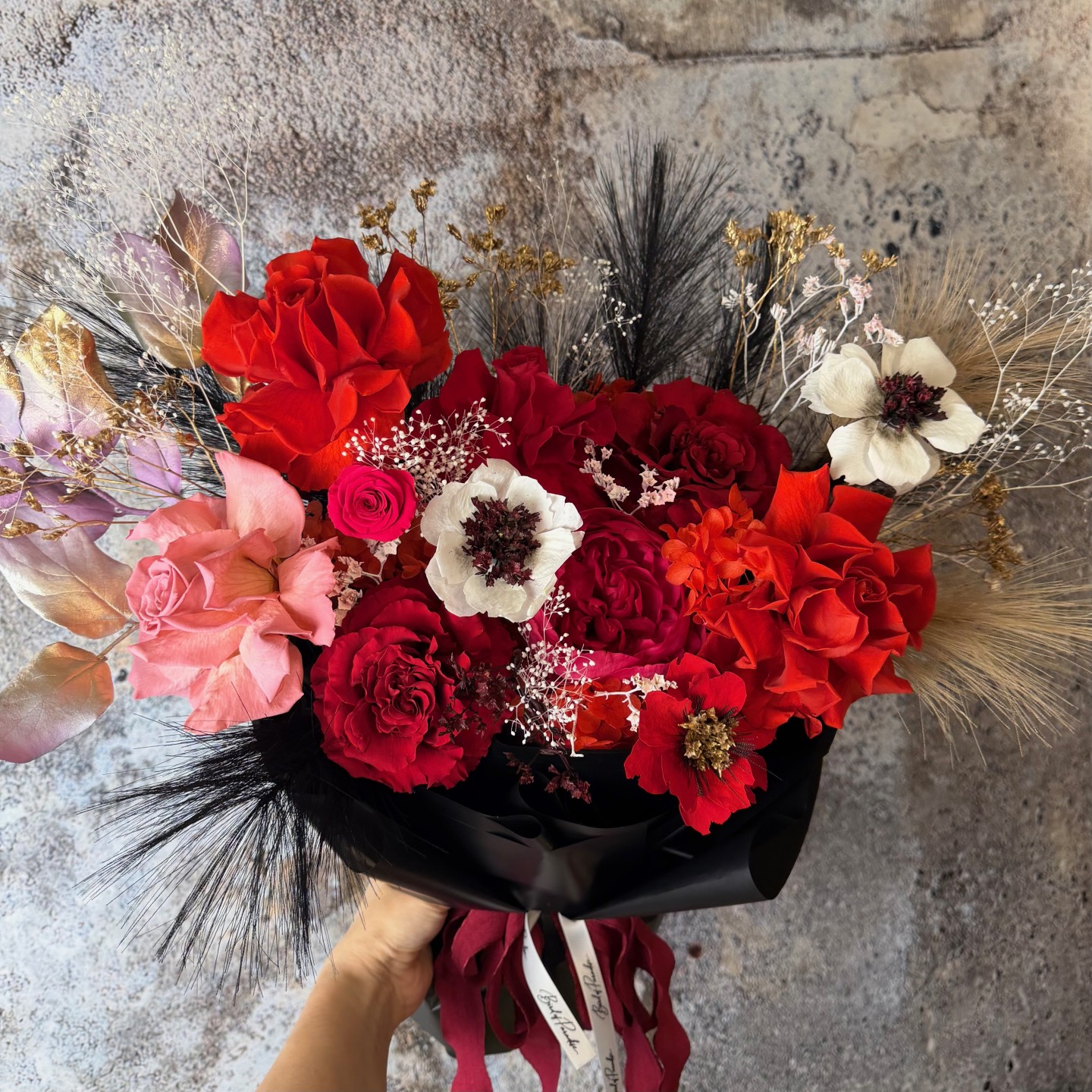 Preserved Roses, Peony and Anemones Bouquet in Black Wrap Preserved Roses, Peony and Anemones Bouquet in Black Wrap