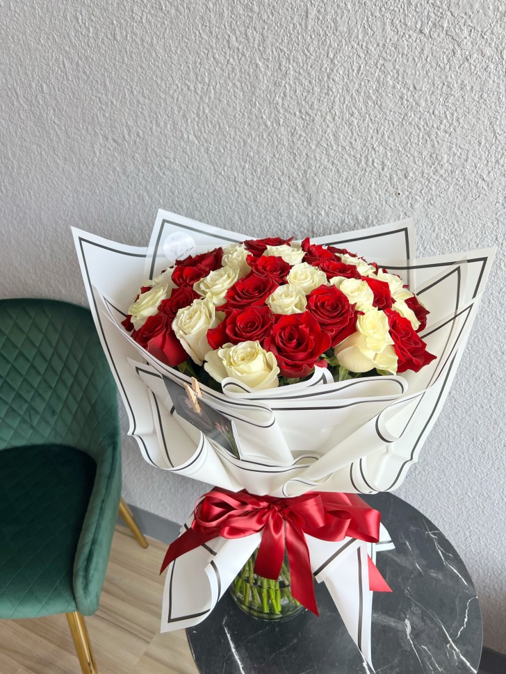 48 Red And White Roses Hand Tied Bouquet