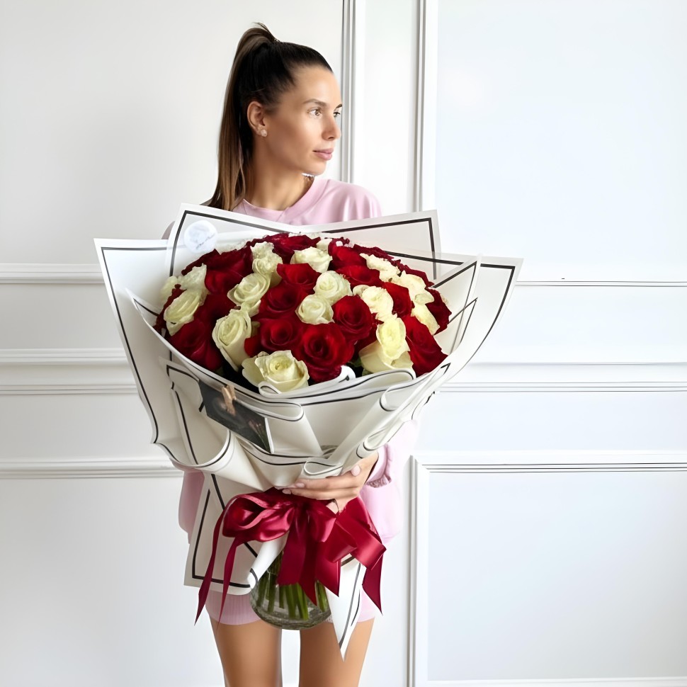 48 Red & White Roses Hand Tied Bouquet