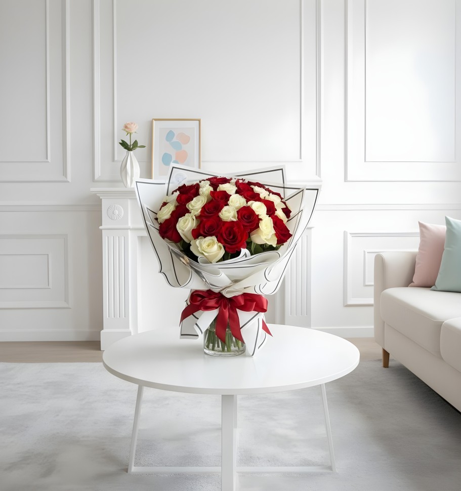48 Red & White Roses Hand Tied Bouquet