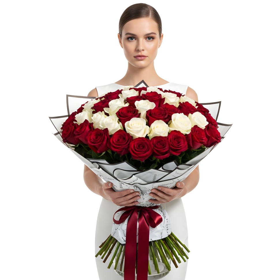 48 Red & White Roses Hand Tied Bouquet