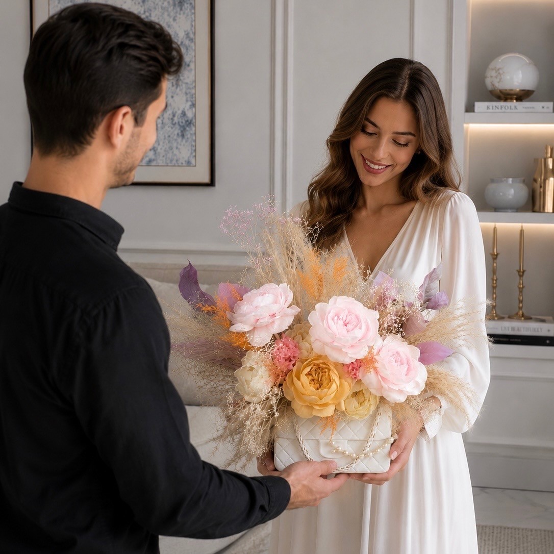 Preserved Pink Peony Bouquet in Handbag-Shaped White Ceramic Vase
