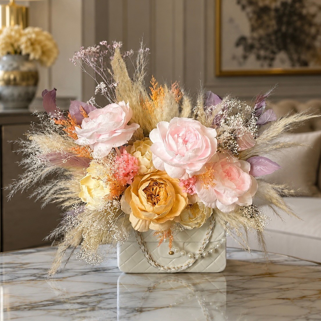 Preserved Pink Peony Bouquet in Handbag-Shaped White Ceramic Vase