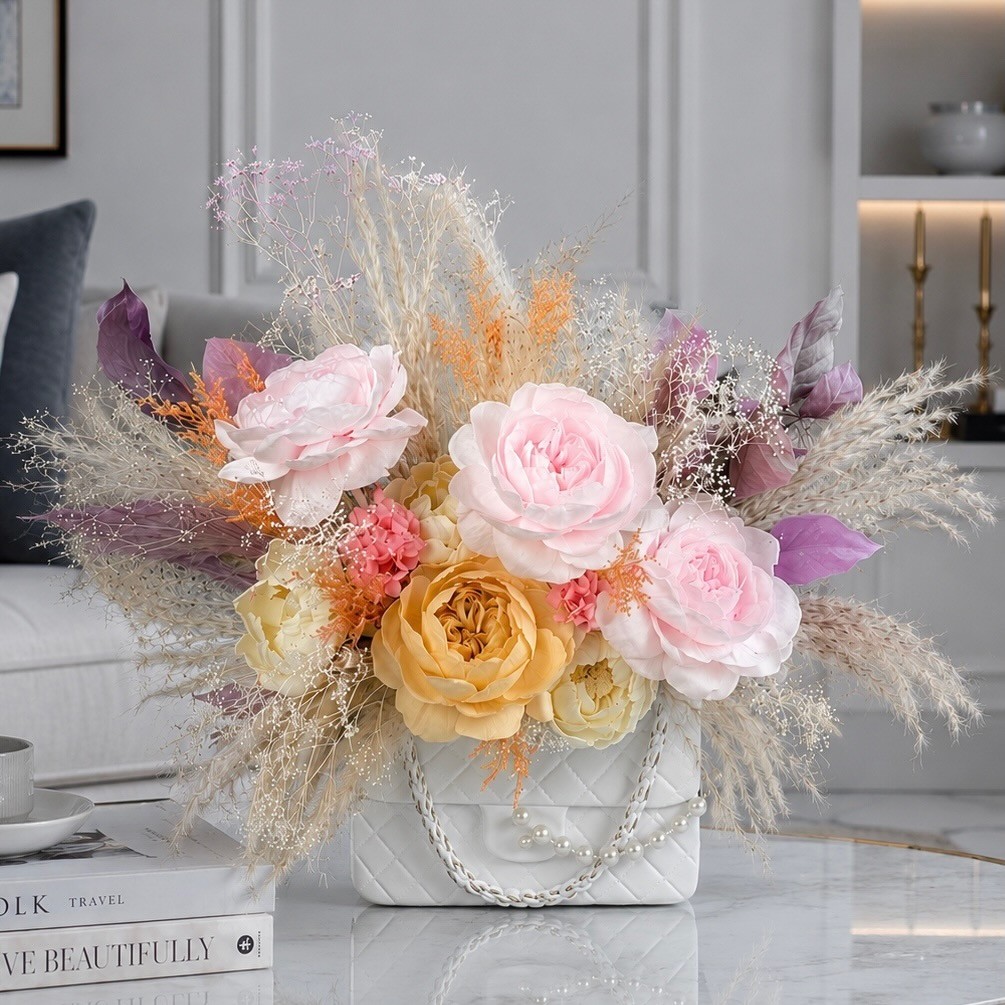 Preserved Pink Peony Bouquet in Handbag-Shaped White Ceramic Vase