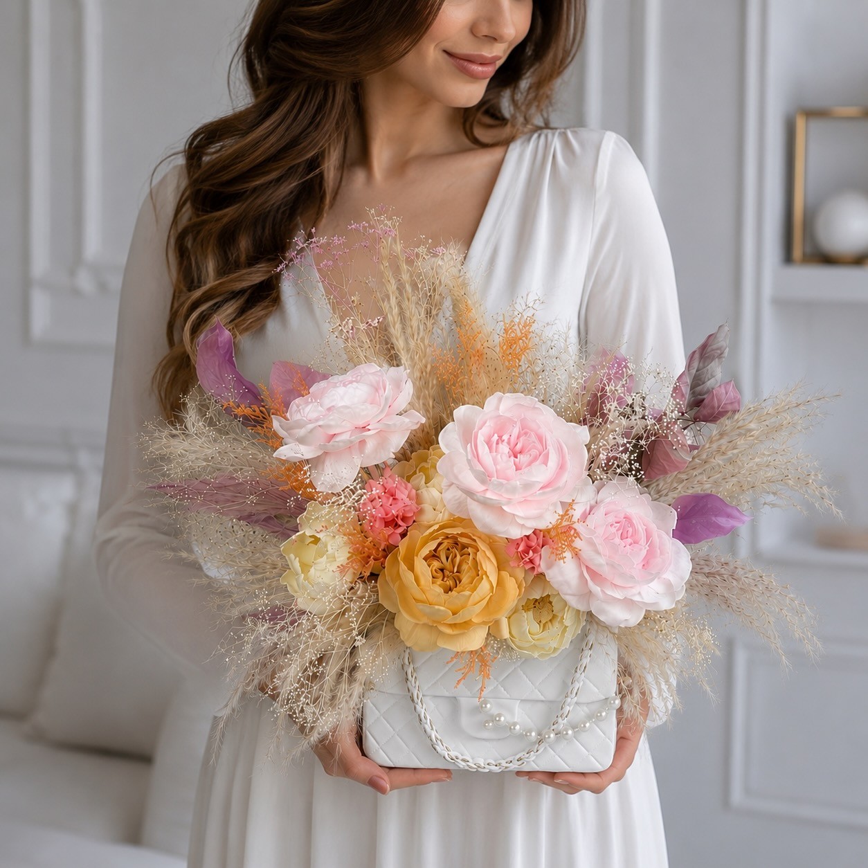 Preserved Pink Peony Bouquet in Handbag-Shaped White Ceramic Vase