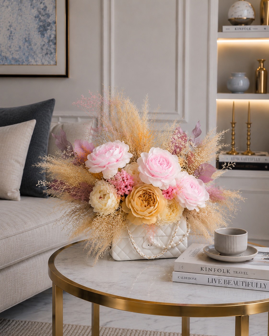 Preserved Pink Peony Bouquet in Handbag-Shaped White Ceramic Vase