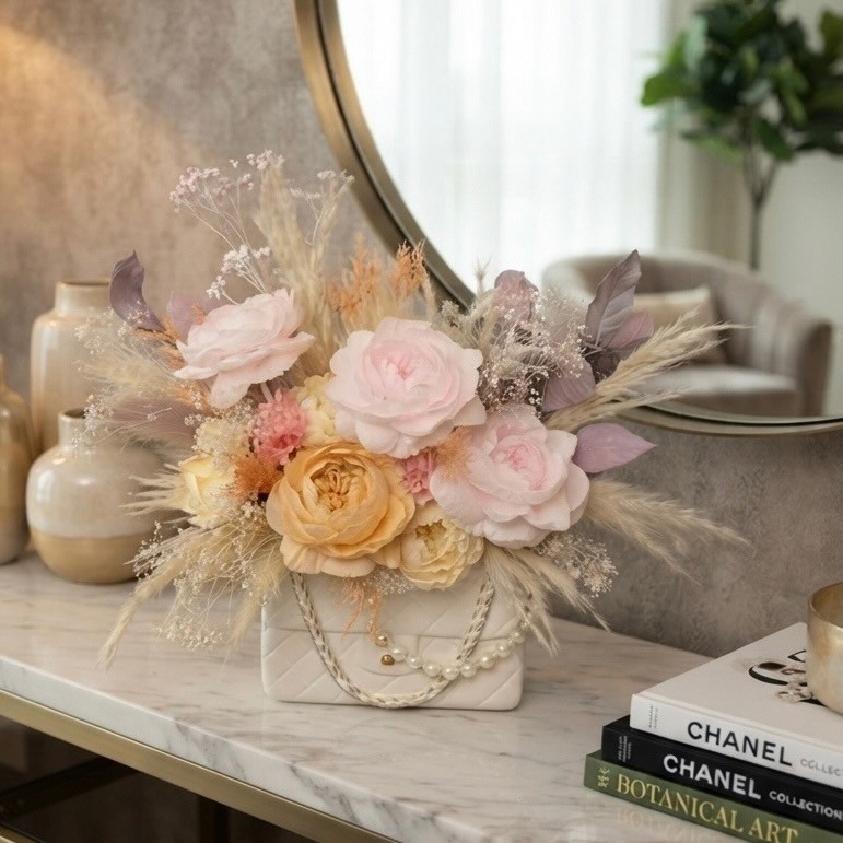 Preserved Pink Peony Bouquet in Handbag-Shaped White Ceramic Vase