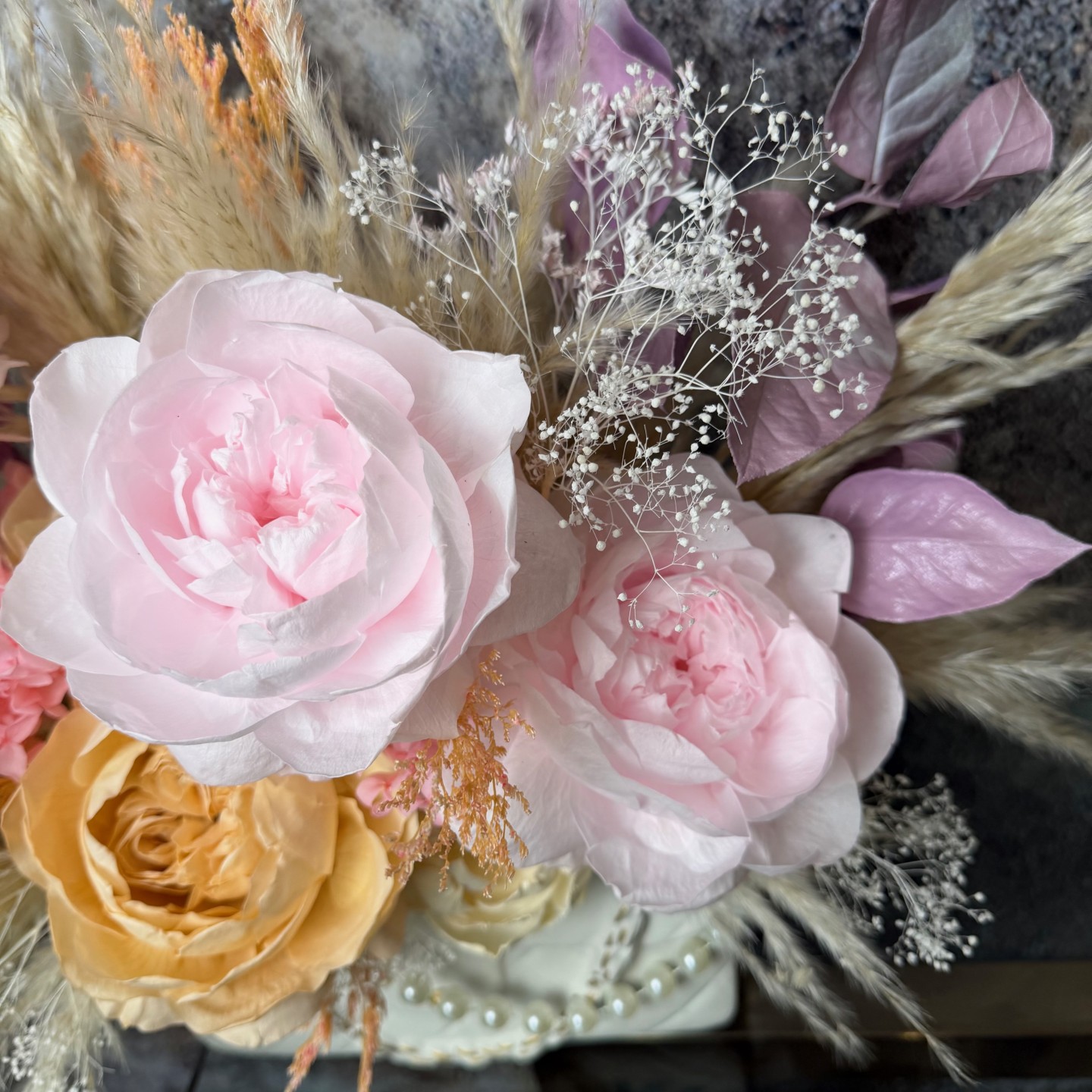 Preserved Pink Peony Bouquet in Handbag-Shaped White Ceramic Vase