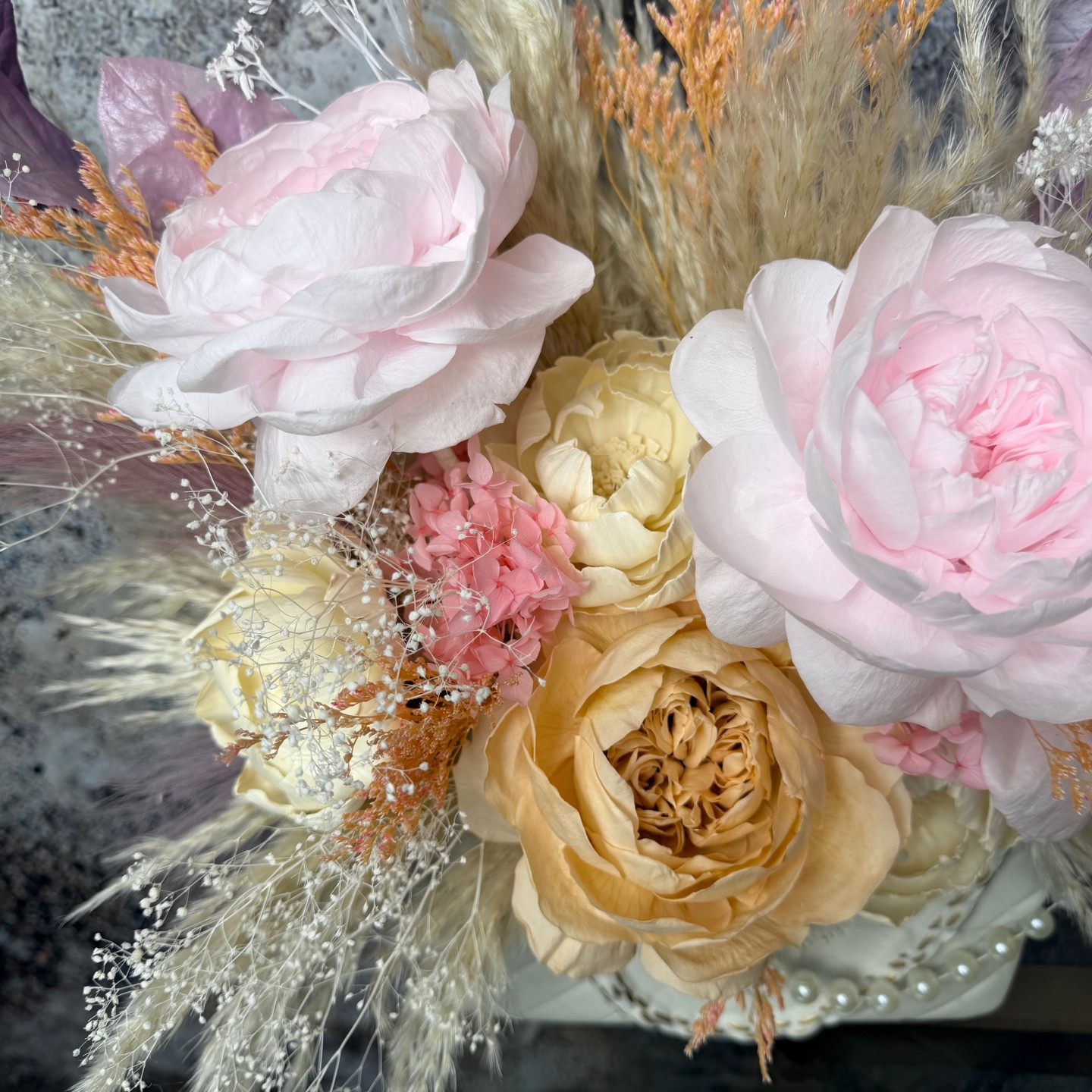 Preserved Pink Peony Bouquet in Handbag-Shaped White Ceramic Vase