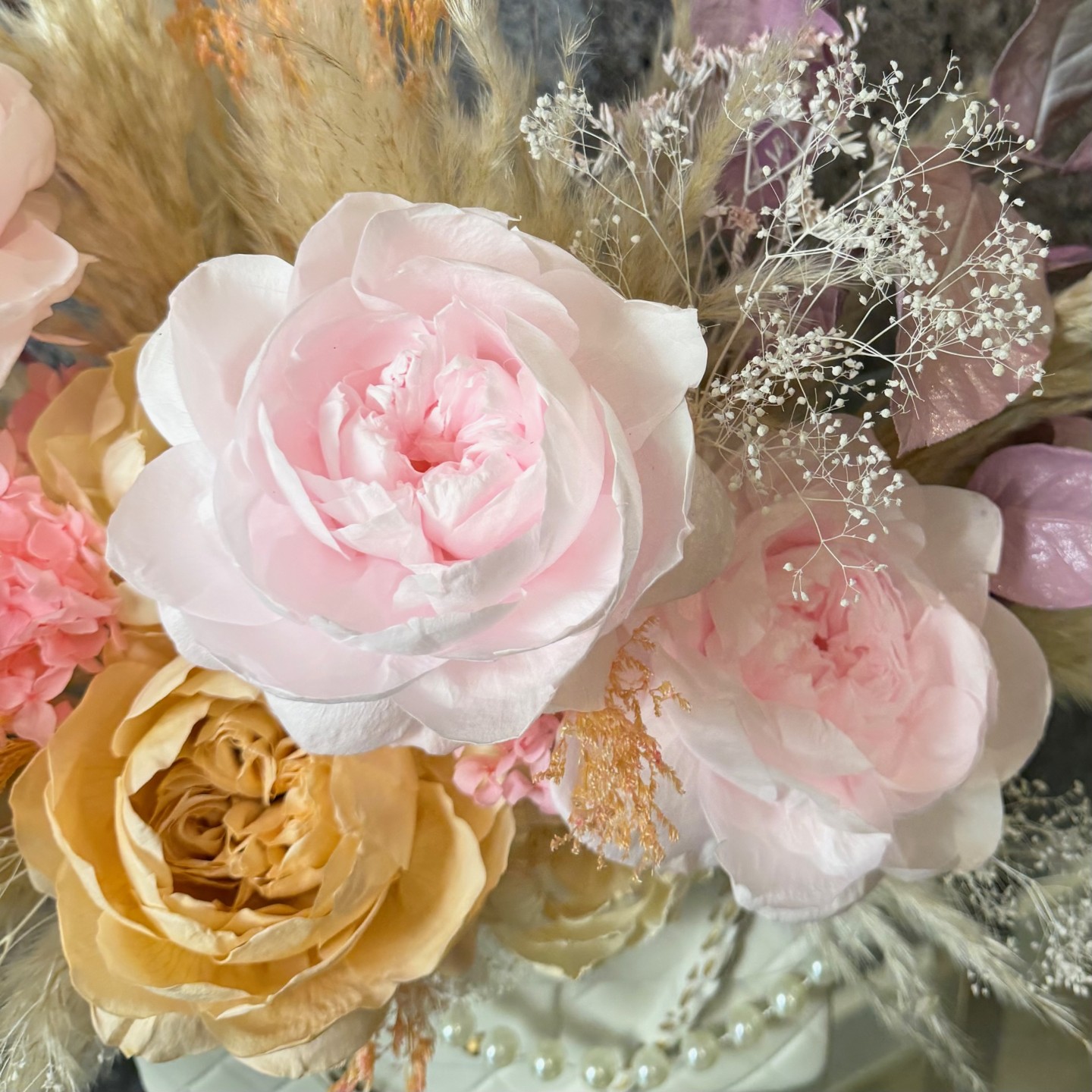 Preserved Pink Peony Bouquet in Handbag-Shaped White Ceramic Vase