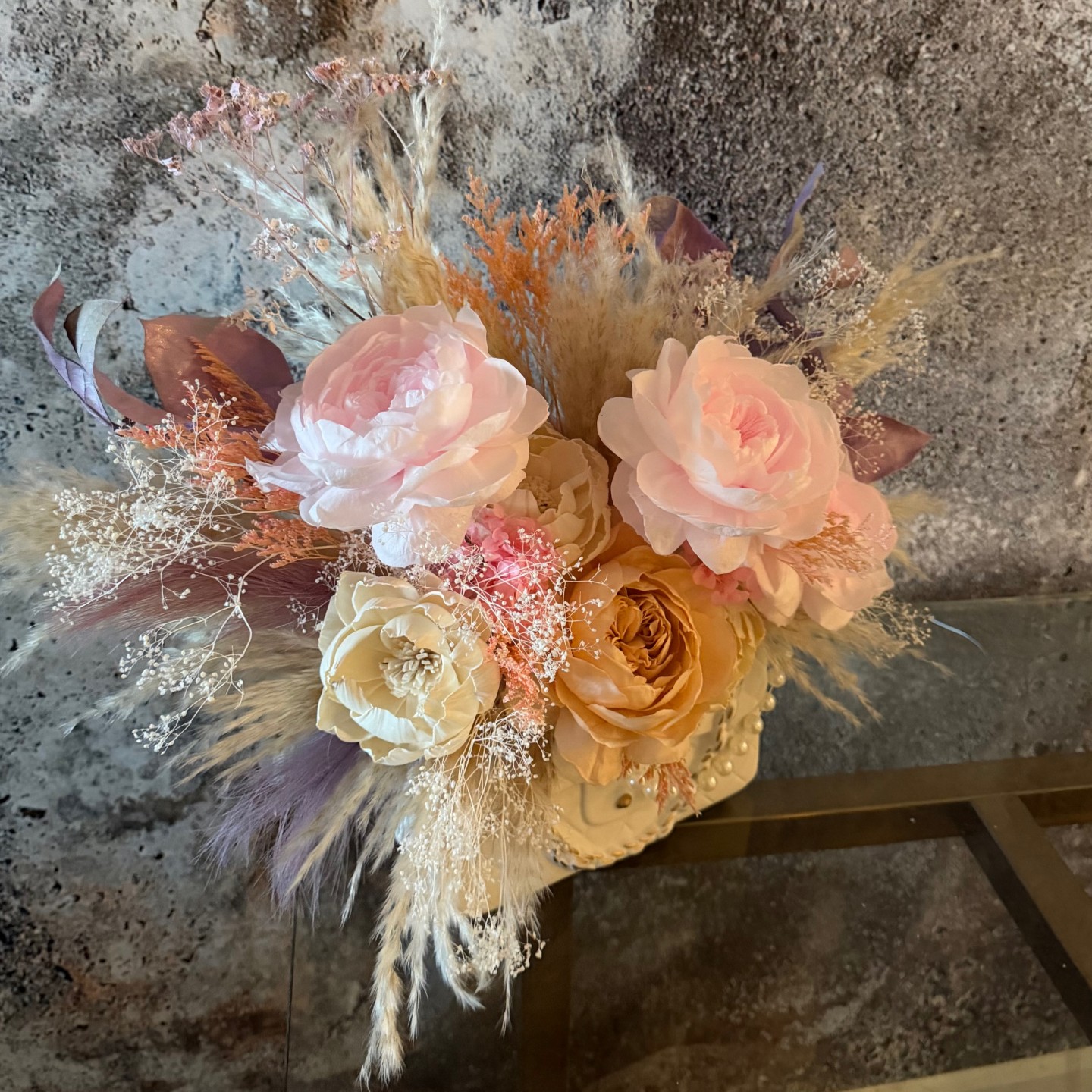 Preserved Pink Peony Bouquet in Handbag-Shaped White Ceramic Vase