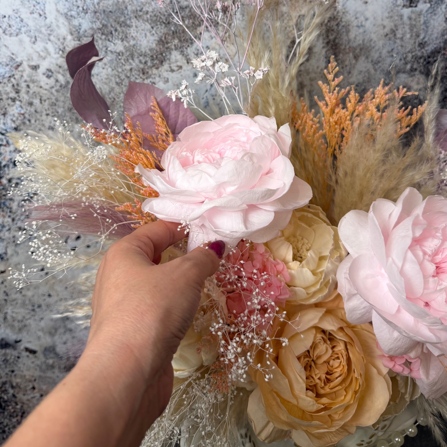 Preserved Pink Peony Bouquet in Handbag-Shaped White Ceramic Vase