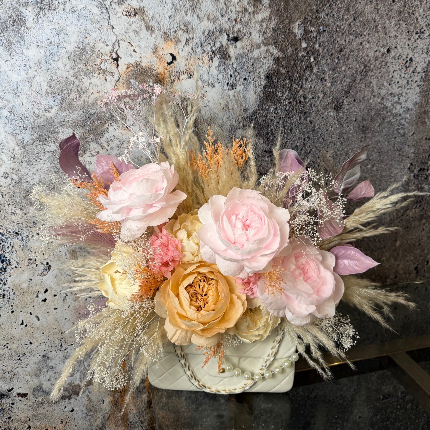 Preserved Pink Peony Bouquet in Handbag-Shaped White Ceramic Vase