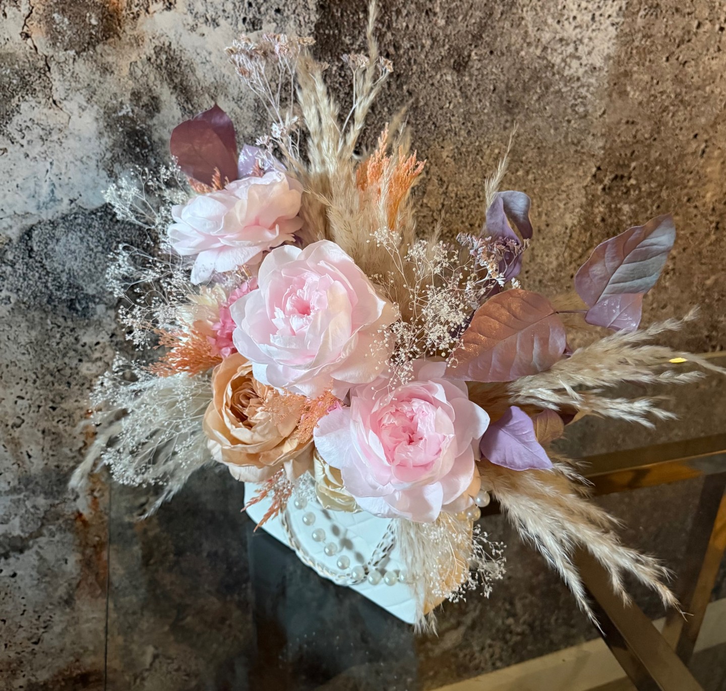 Preserved Pink Peony Bouquet in Handbag-Shaped White Ceramic Vase