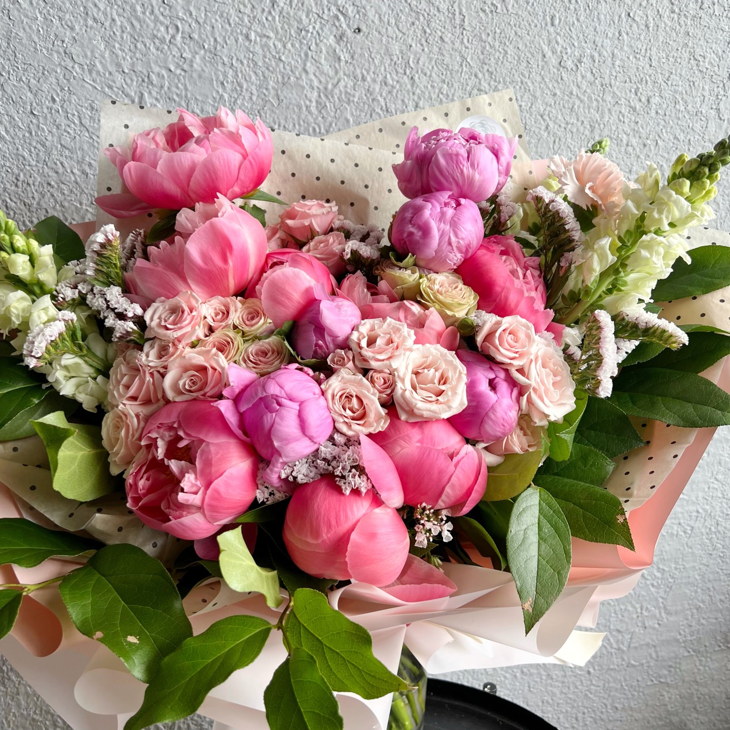 Millie Hand-Tied Bouquet (Snapdragons, Spray Roses, Peonies, Gypsophila)