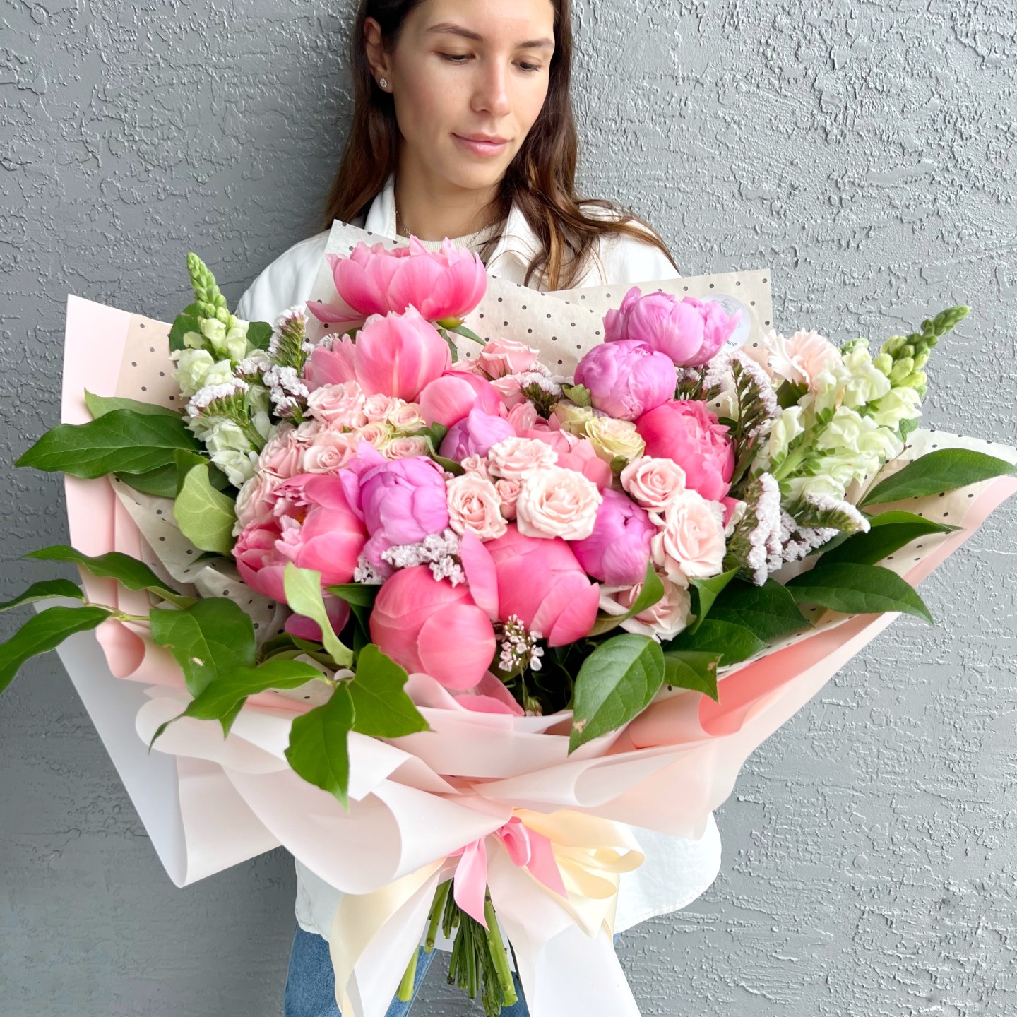 Millie Hand-Tied Bouquet (Snapdragons, Spray Roses, Peonies, Gypsophila)