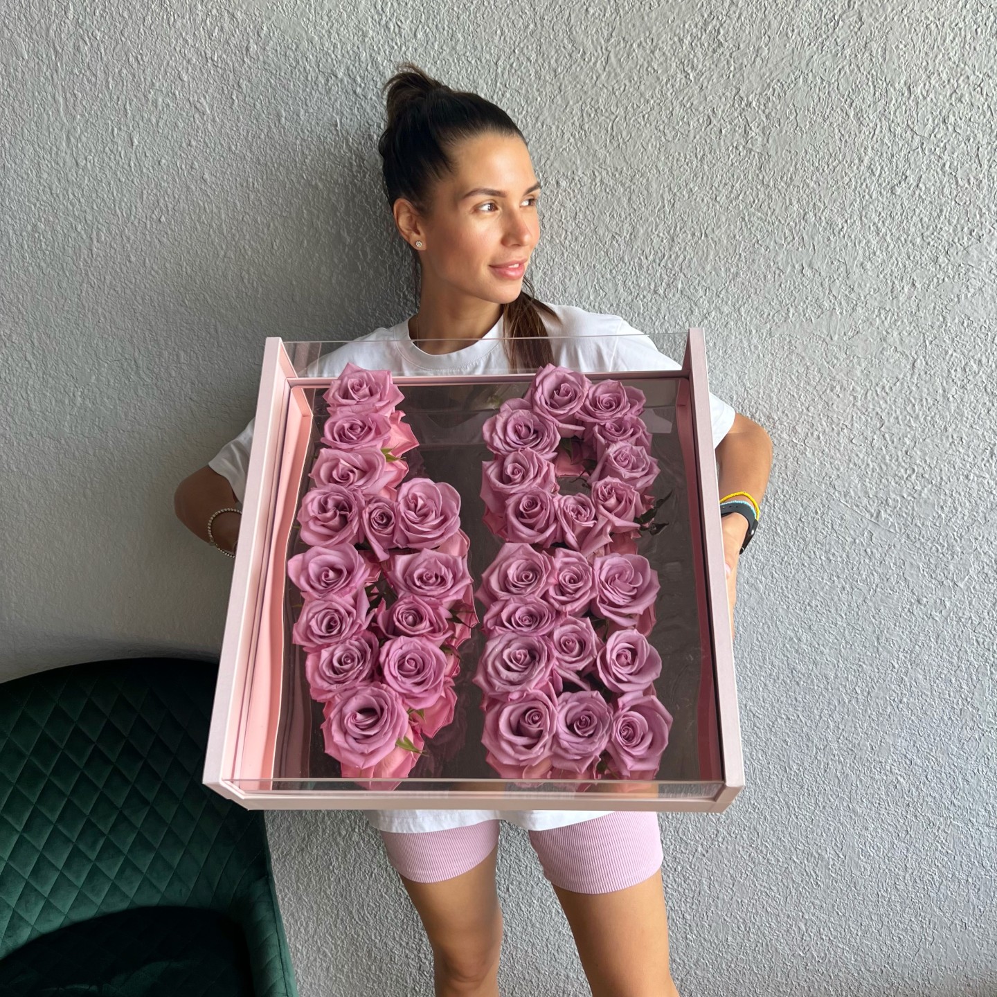 Love Pink Box With Fresh Purple Roses