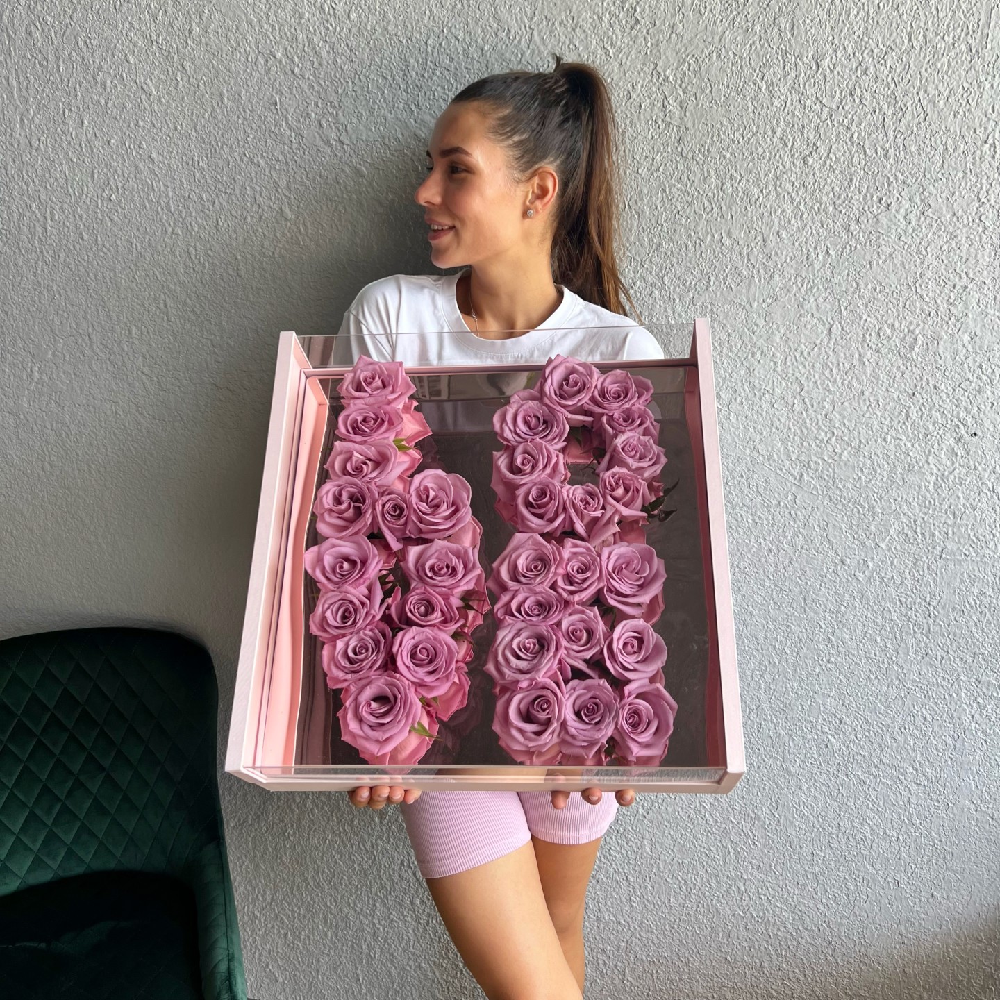 Love Pink Box With Fresh Purple Roses