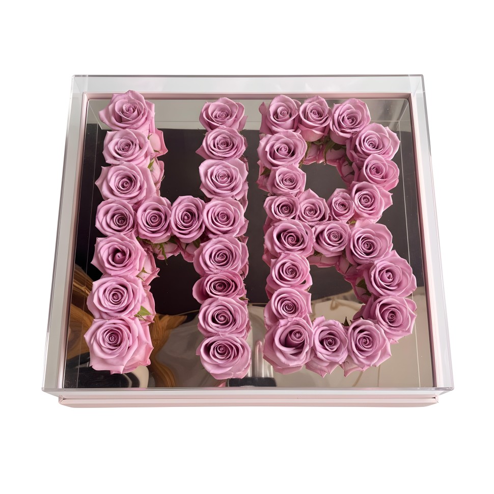 Love Pink Box With Fresh Purple Roses